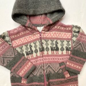 Kids Hooded Zip Sweater - Pink & Gray Fair Isle alpaca wool